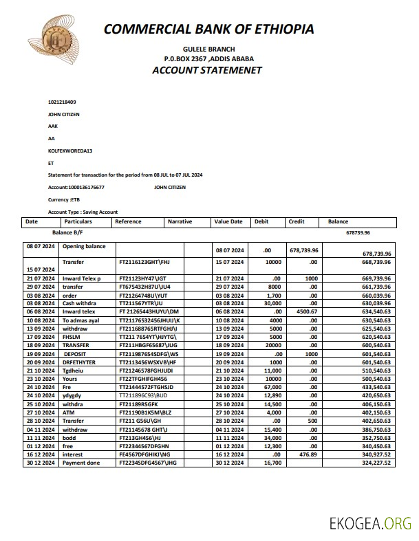 ETHIOPIA COMMERCIAL BANK OF ETHIOPIA Modèle de relevé bancaire, format Word et PDF, version 2
